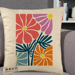 Perna Decorativa Flori Grafice Roz-Orange-Albastru, 40x40 cm, Bej, Husa Detasabila, Perna Inclusa, BEKZ®