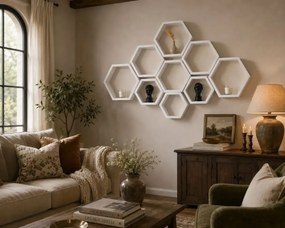 Set 9 rafturi perete Hexa Culoare alb,Homs,Seia A620,lemn natur