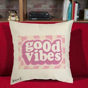 Perna Decorativa Good Vibes Retro Roz, 40x40 cm, Ecru, Husa Detasabila, Perna Inclusa, BEKZ®