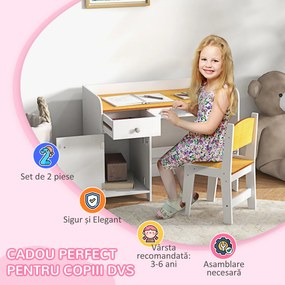 Masa de birou  ZONEKIZ pentru copii cu scaun, birou de scoală pentru copii de 3-6 ani din lemn cu sertar si scaun asortat, alb | Aosom Romania