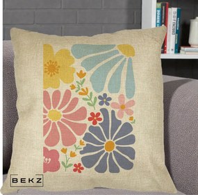 Perna Decorativa Flori Grafice Pastel Multicolor, 40x40 cm, Crem, Husa Detasabila, Perna Inclusa, BEKZ®