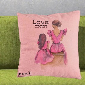 Cadou pentru Mama - Perna Personalizata Love Mom Rochii Roz, 40x40 cm, Roz, Husa Detasabila, Perna Inclusa, BEKZ®