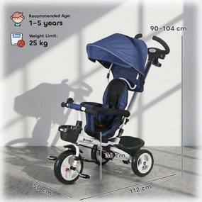 HOMCOM Tricicletă pentru Copii cu Mâner Multifuncțional, Cărucior pentru Copii cu Centură de Siguranță și Coș, 112x50x104 cm, Albastru | Aosom Romania
