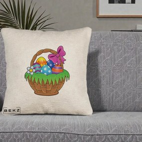 Perna Decorativa Cos cu Oua de Pasti Colorat, 40x40 cm, Bej Canapea, Husa Detasabila, Perna Inclusa, BEKZ®
