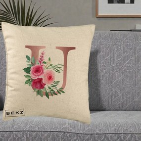 Cadou Personalizat - Perna Personalizata Monograma Rose Gold Litera U, 40x40 cm, Bej, Husa Detasabila, Perna Inclusa, BEKZ®