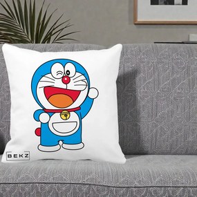 Perna Personalizata Doraemon Salutand, 40x40 cm, Alba Mata, Husa Detasabila, Perna Inclusa, BEKZ®