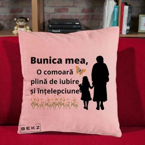 Cadou pentru Bunica - Perna Personalizata Bunica Mea Comoara Iubire Intelepciune Varianta Extinsa, 40x40 cm, Roz, Husa Detasabila, Perna Inclusa, BEKZ®