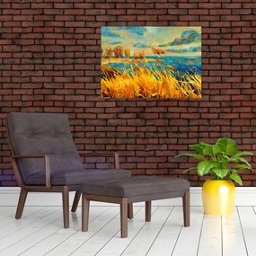 Tablou pe sticlă - Apus de soare peste lac, pictură acrilică (70x50 cm)