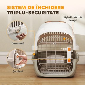 PawHut Transportor pentru Pisici și Câini Mici din Plastic, cu Fereastră Superioară, Ușă din Oțel, Bol pentru Hrană, pentru Animale max 4 kg, 49x32x31 cm, Gri | Aosom Romania