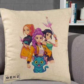Perna Personalizata K-pop HUNTRX Trio cu Pisica si Cristale, 40x40 cm, Bej, Husa Detasabila, Perna Inclusa, BEKZ®