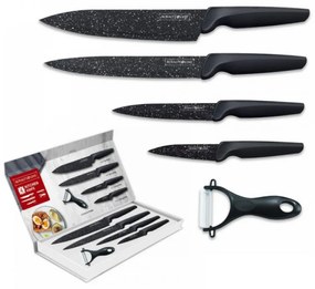 Set cutite in cutie magnetica Royalty Line RL MB4, 5 piese, Decojitor, Acoperire marmura, Maner gumat, Negru