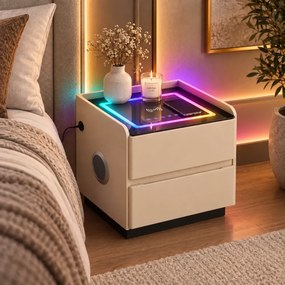 AVÉLIA — Noptieră inteligentă cu încărcare Wireless, Bluetooth Stereo, iluminare RGB, USB + Type-C, Bej