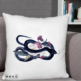 Perna Decorativa Sarpe Negru cu Flori Gothic, 40x40 cm, Alb Pufos, Husa Detasabila, Perna Inclusa, BEKZ®