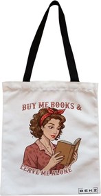 Sacosa de Panza pentru Cumparaturi, Geanta Tote, model Buy me Books &amp; Leave me Alone, Cu fermoar, 38x34.5 cm, Alba, BEKZ®