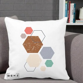 Perna Decorativa Geometric Hexagoane Multicolor, 40x40 cm, Alba Mata, Husa Detasabila, Perna Inclusa, BEKZ®