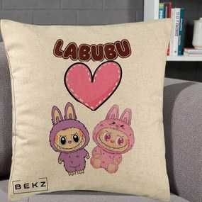 Perna Personalizata Labubu Cuplu Inima, 40x40 cm, Bej, Husa Detasabila, Perna Inclusa, BEKZ®