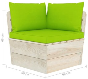 Set mobilier gradina din paleti, 7 piese, cu perne, lemn molid verde aprins, 2x colt + 4x mijloc + masa, 1