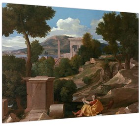 Tablou pe sticlă - Nicolas Poussin, Landscape with Saint John on Patmos, reproducere (70x50 cm)