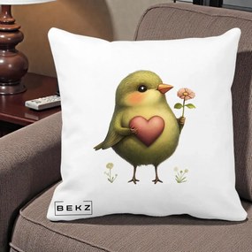 Perna Decorativa Pasare Verde cu Inima si Floare, 40x40 cm, Alba Mata, Husa Detasabila, Perna Inclusa, BEKZ®