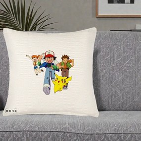 Perna Personalizata Pokemon Ash Misty Brock si Pikachu, 40x40 cm, Crem Reliefat, Husa Detasabila, Perna Inclusa, BEKZ®