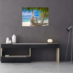 Tablou pe sticlă - Hamac pe plajă (70x50 cm)