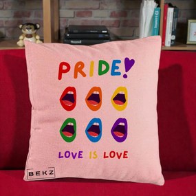 Perna Personalizata Pride Love is Love Curcubeu, 40x40 cm, Roz, Husa Detasabila, Perna Inclusa, BEKZ®