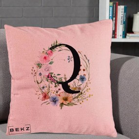 Cadou Personalizat - Perna Personalizata Monogram Litera Q cu Flori Acuarela, 40x40 cm, Roz, Husa Detasabila, Perna Inclusa, BEKZ®