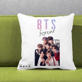 Perna Personalizata K-pop BTS Forever cu Foto Grup Negru, 40x40 cm, Alba Mata, Husa Detasabila, Perna Inclusa, BEKZ®