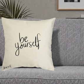 Perna Decorativa Be Yourself Caligrafie Neagra, 40x40 cm, Ecru, Husa Detasabila, Perna Inclusa, BEKZ®