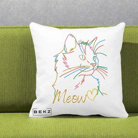 Perna Personalizata Pisica Meow Arta Linie Colorata, 40x40 cm, Alba Mata, Husa Detasabila, Perna Inclusa, BEKZ®