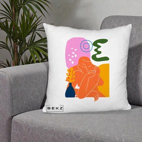 Perna Decorativa Femeie Meditand Abstract, 40x40 cm, Alb Pufos, Husa Detasabila, Perna Inclusa, BEKZ®