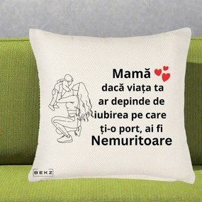 Cadou pentru Mama - Perna Personalizata Mama Nemuritoare Portret Graphic, 40x40 cm, Crem Reliefat, Husa Detasabila, Perna Inclusa, BEKZ®