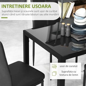 Homcom Set Masa de Luat Masa cu 4 Scaune Tapitate, Design Modern pentru Sala de Mese, Metal Sticlă PU, Negru | Aosom Romania