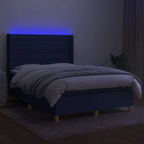 Pat cu arcuri, saltea si LED, albastru, 140x200 cm, textil Albastru, 140 x 200 cm, Benzi orizontale