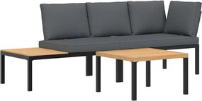 vidaXL Set canapea de grădină, 3 piese, cu perne, negru, aluminiu