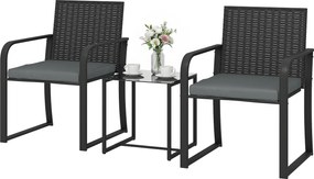 Outsunny Set de mobilier de grădină din ratan sintetic cu 2 scaune cu perne și masă cu blat din sticlă, gri | Aosom Romania