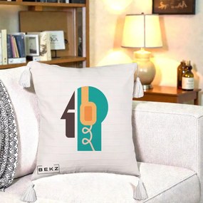 Perna Personalizata Retro Casti Muzicale, 40x40 cm, Bej cu Franjuri, Husa Detasabila, Perna Inclusa, BEKZ®