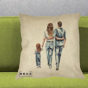 Cadou pentru Familie - Perna Personalizata Familie Acuarela Jeans, 40x40 cm, Crem, Husa Detasabila, Perna Inclusa, BEKZ®