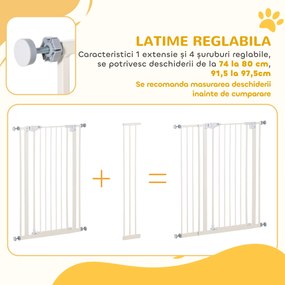 PawHut Poarta pentru Caini cu 4 Suruburi Reglabile si Banda Adeziva, Poarta de Siguranta din Metal si Plastic, 86x104.1 cm, Alb | Aosom Romania