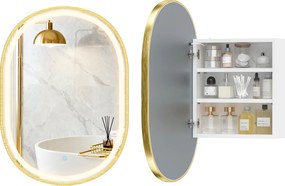 HOMCOM Dulap de Baie cu Oglindă și Lumini LED de 3 Culori Dulap de Perete Oval cu Funcție Memorie și Antiaburire Auriu | Aosom Romania