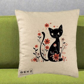 Perna Decorativa Pisica Neagra Flori Roz si Inimi, 40x40 cm, Bej, Husa Detasabila, Perna Inclusa, BEKZ®