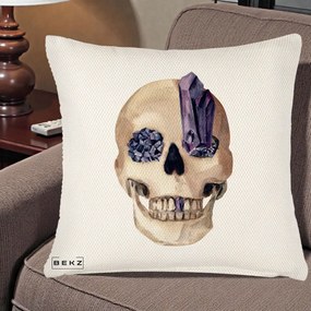 Perna Decorativa Craniu cu Cristale de Ametist, 40x40 cm, Crem Reliefat, Husa Detasabila, Perna Inclusa, BEKZ®