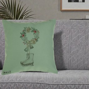Perna Decorativa Patine cu Coroana Florala de Craciun, 40x40 cm, Verde, Husa Detasabila, Perna Inclusa, BEKZ®