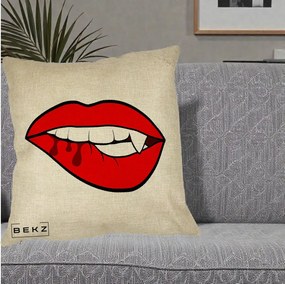 Perna Decorativa Vampire Lips Halloween, 40x40 cm, Crem, Husa Detasabila, Perna Inclusa, BEKZ®