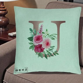 Cadou Personalizat - Perna Personalizata Monograma Rose Gold Litera U, 40x40 cm, Verde Menta, Husa Detasabila, Perna Inclusa, BEKZ®
