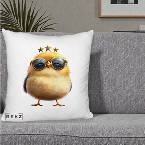 Perna Decorativa Pui Gold Star cu Ochelari Aurii, 40x40 cm, Alb Pufos, Husa Detasabila, Perna Inclusa, BEKZ®