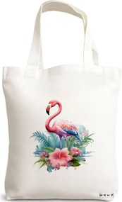 Sacosa de Panza pentru Cumparaturi, Geanta Tote, model Flamingo 5 38 x 34.5 cm, Alba, BEKZ®