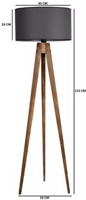 Lampa de Podea cu 3 Picioare din Lemn, Soclu E27, Max. 60W, Culoare Maro / Gri