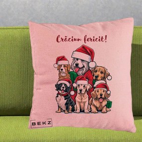 Perna Decorativa Caini cu Bonete Craciun Fericit, 40x40 cm, Roz, Husa Detasabila, Perna Inclusa, BEKZ®
