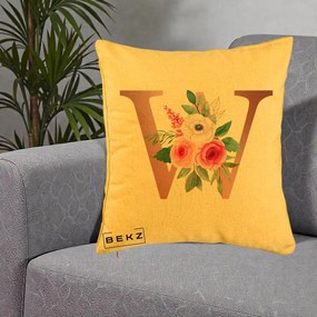 Cadou Personalizat - Perna Personalizata Monograma Rose Gold Litera W cu Trandafiri si Anemona, 40x40 cm, Galben, Husa Detasabila, Perna Inclusa, BEKZ®